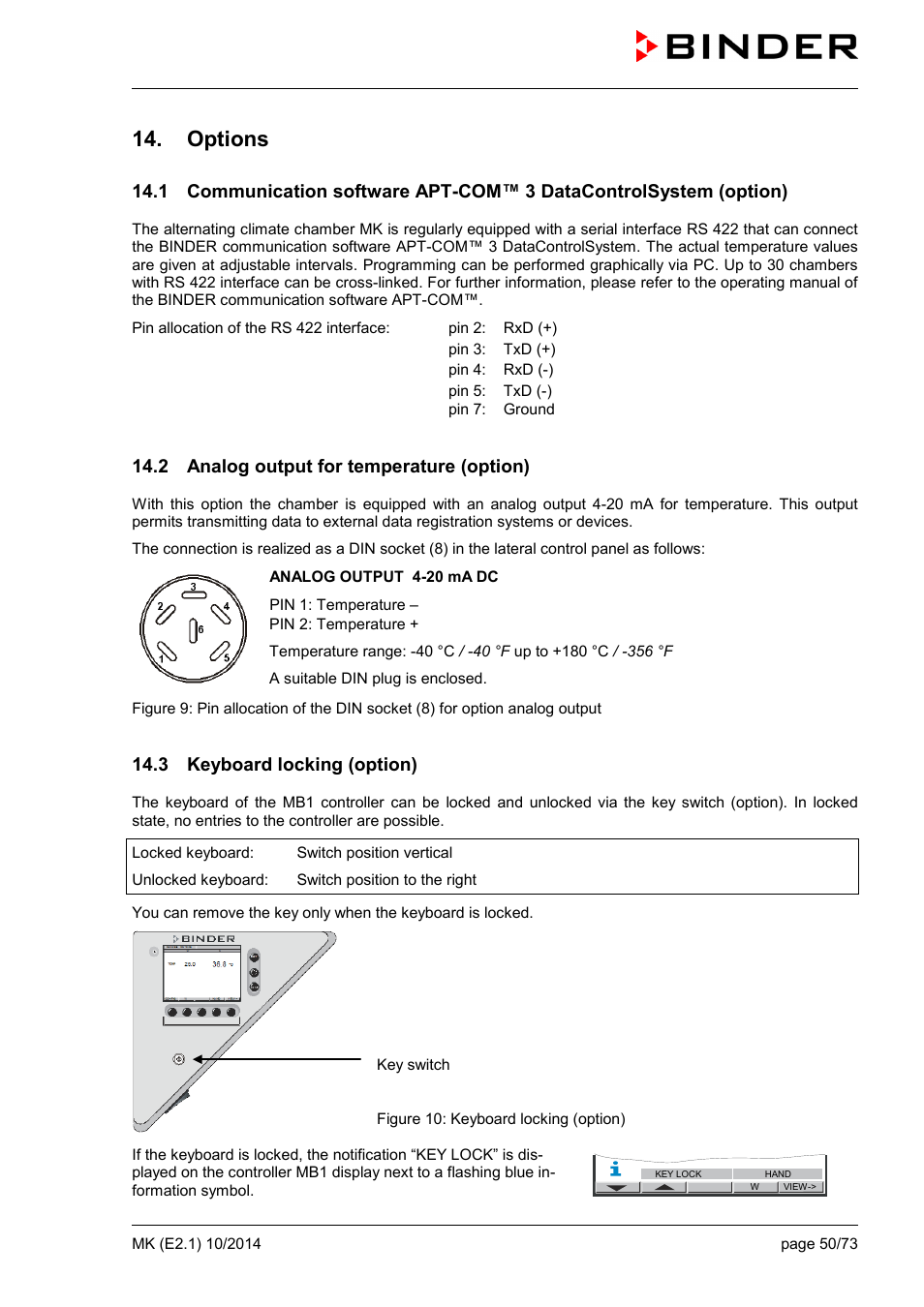 Options, 2 analog output for temperature (option), 3 keyboard locking (option) | BINDER MK 53 User Manual | Page 50 / 73