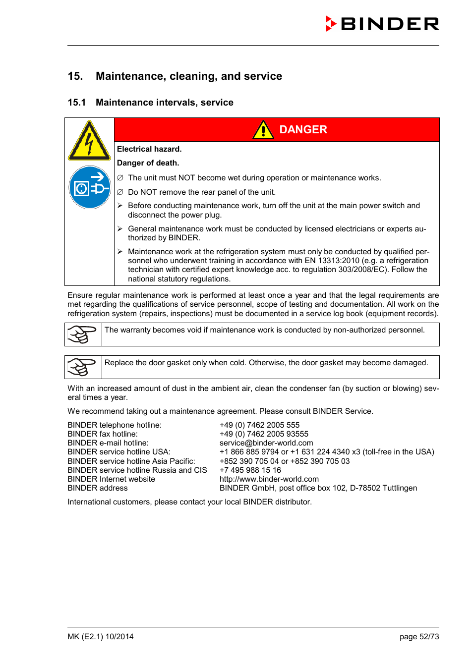 Maintenance, cleaning, and service, 1 maintenance intervals, service, Danger | BINDER MK 53 User Manual | Page 52 / 73