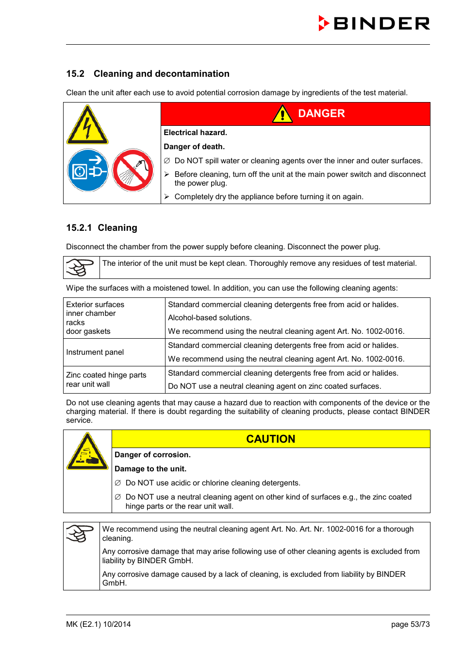 2 cleaning and decontamination, 1 cleaning, Danger | Caution | BINDER MK 53 User Manual | Page 53 / 73