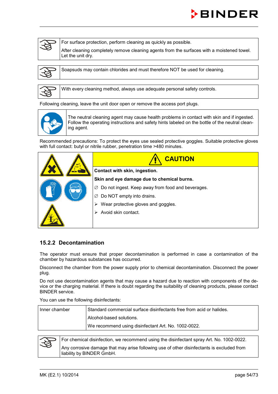 2 decontamination, Caution | BINDER MK 53 User Manual | Page 54 / 73