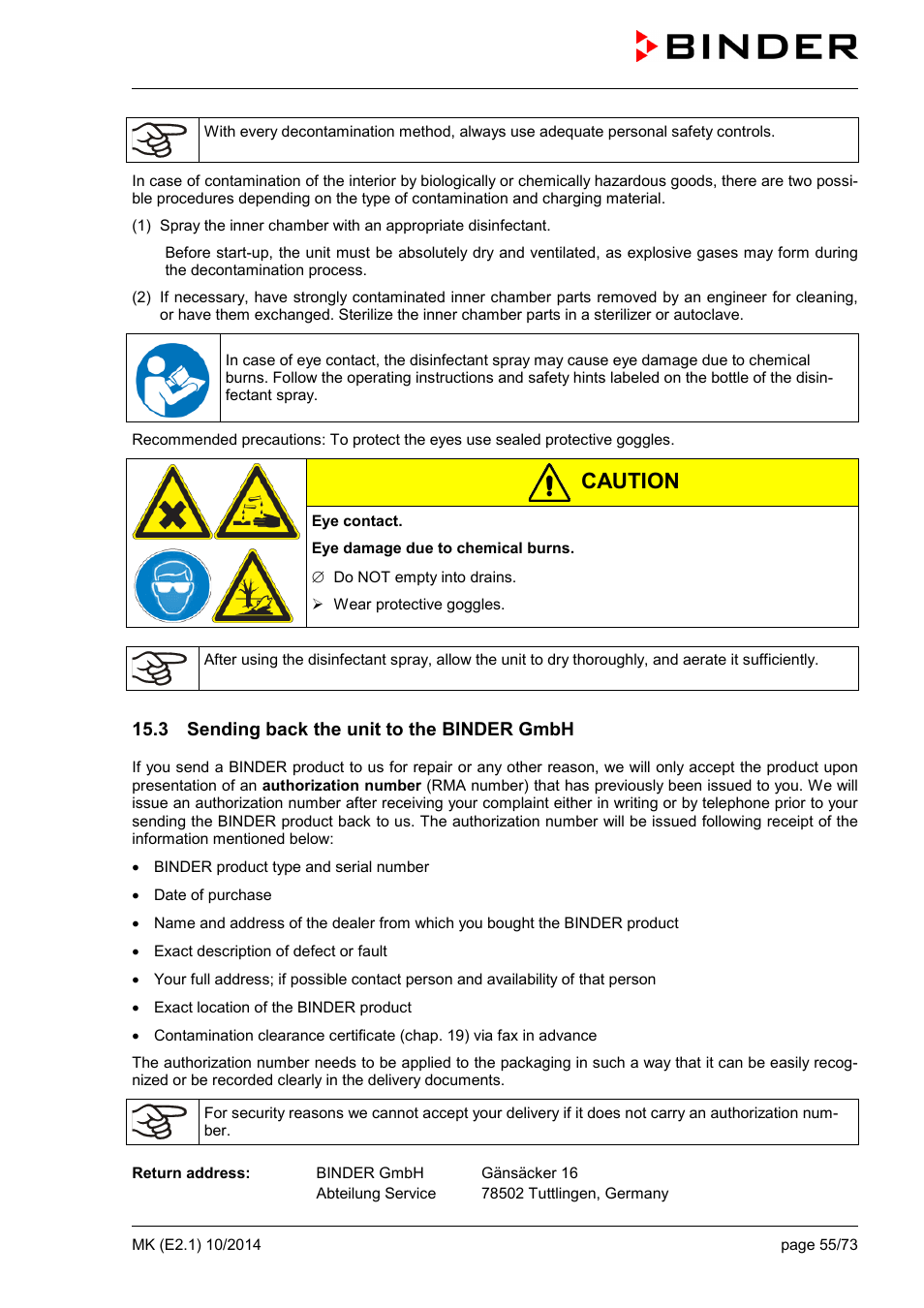 3 sending back the unit to the binder gmbh, Caution | BINDER MK 53 User Manual | Page 55 / 73