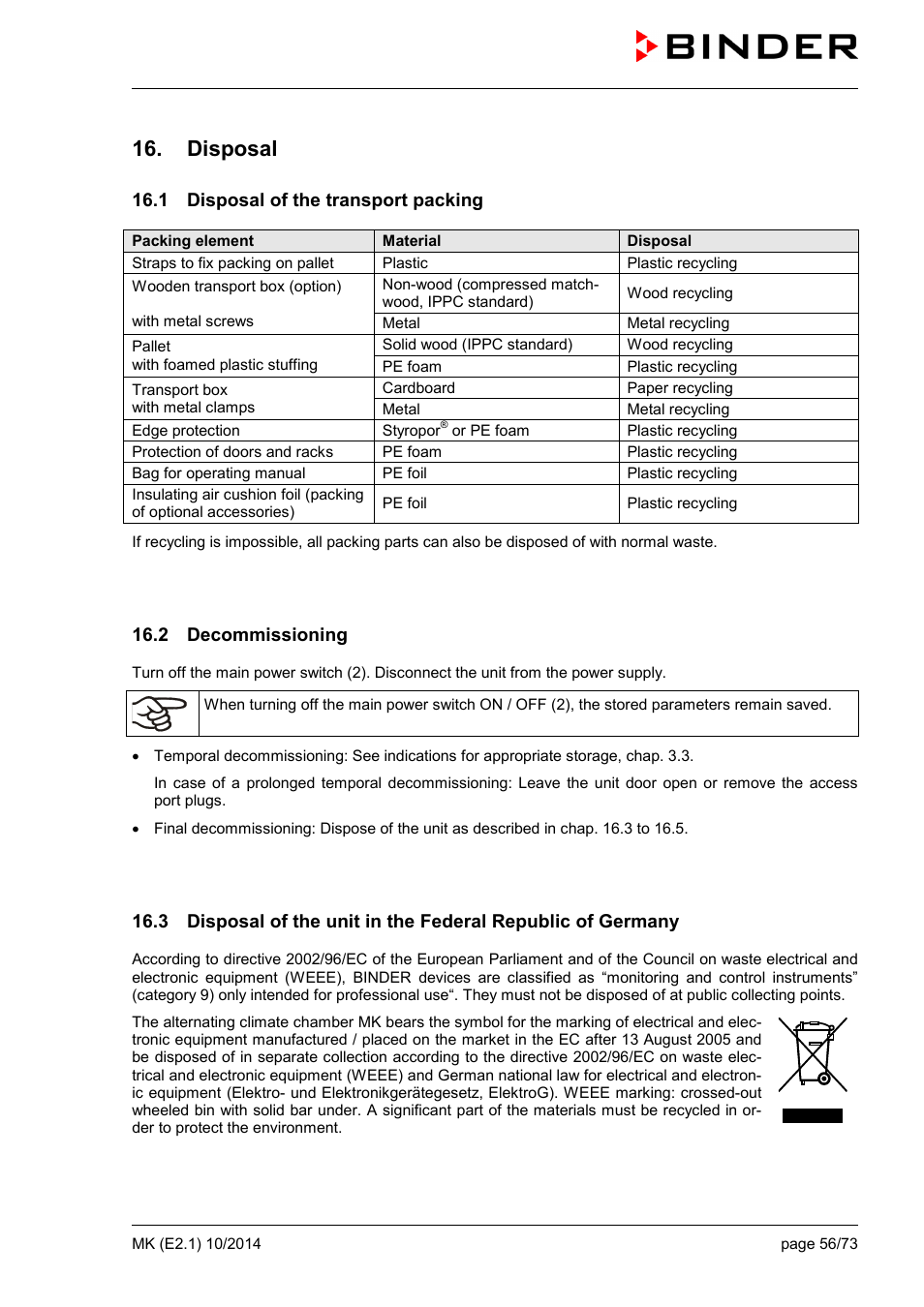 Disposal, 1 disposal of the transport packing, 2 decommissioning | BINDER MK 53 User Manual | Page 56 / 73