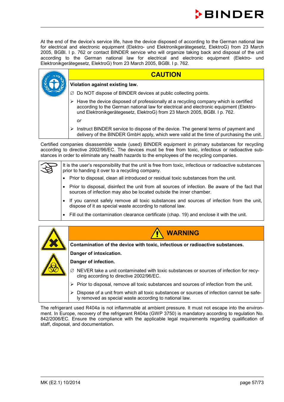 Caution, Warning | BINDER MK 53 User Manual | Page 57 / 73