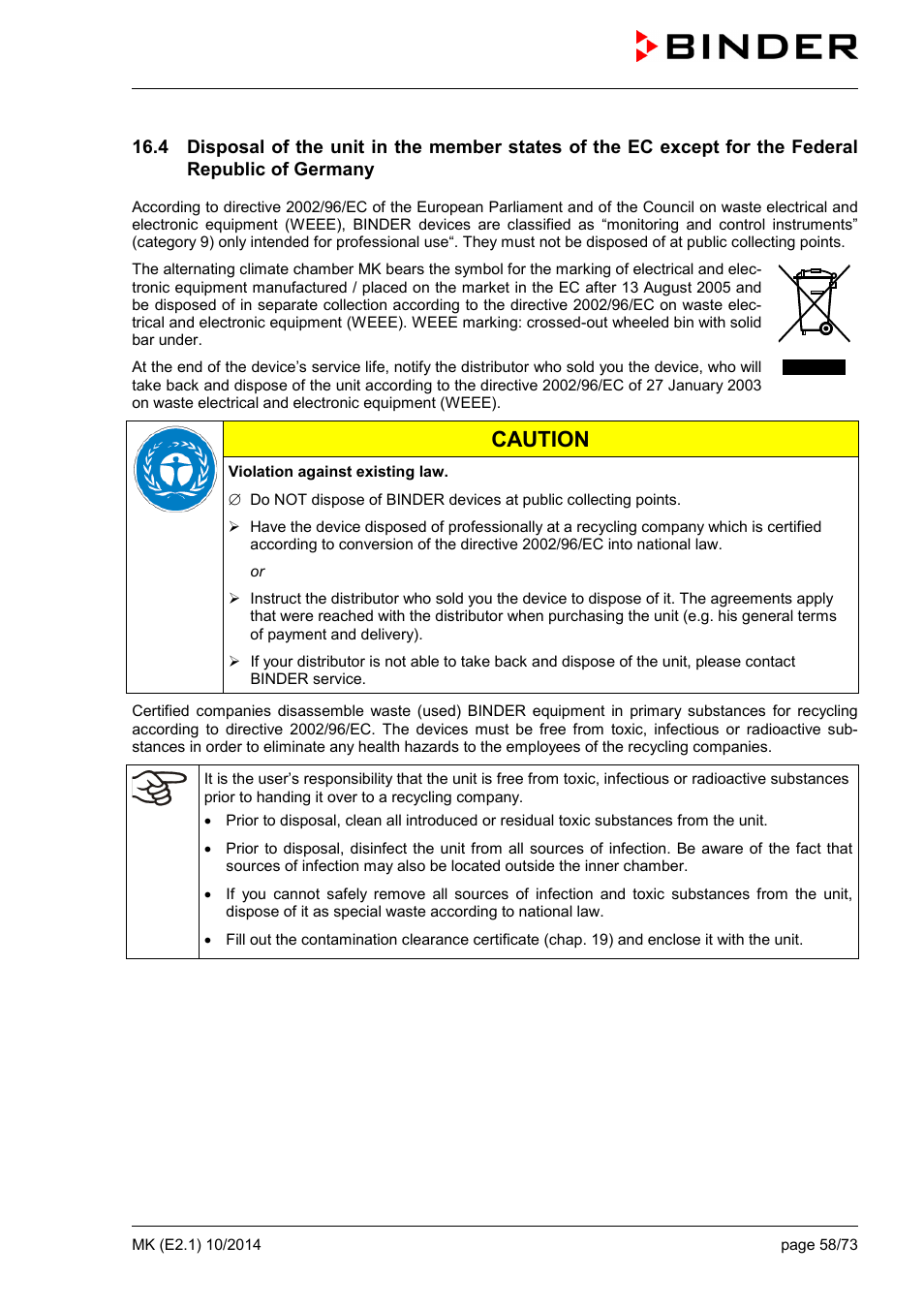 Caution | BINDER MK 53 User Manual | Page 58 / 73