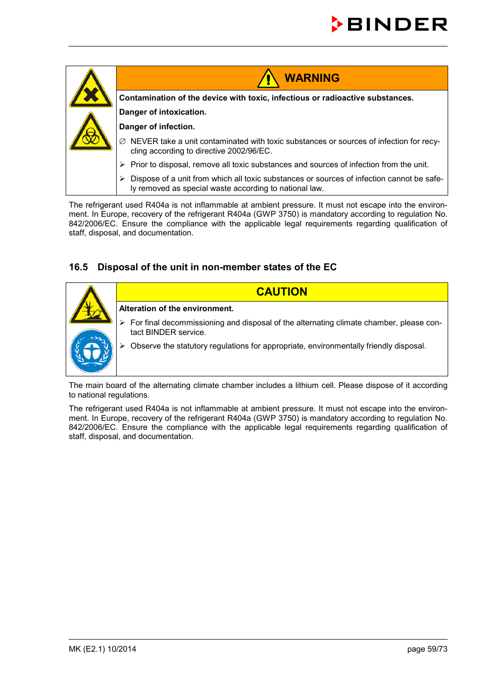 Warning, Caution | BINDER MK 53 User Manual | Page 59 / 73