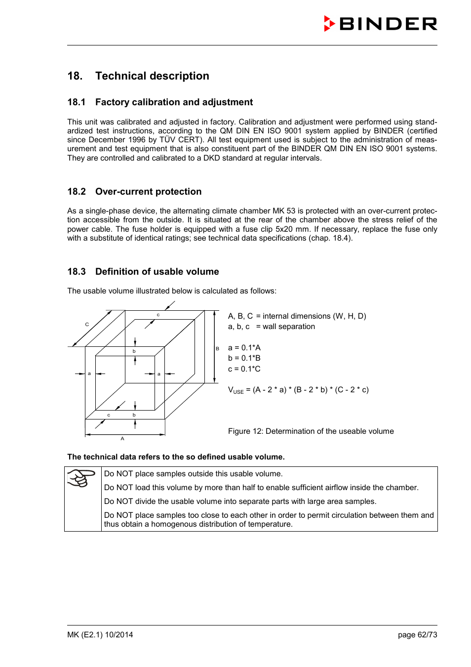 Technical description, 1 factory calibration and adjustment, 2 over-current protection | 3 definition of usable volume | BINDER MK 53 User Manual | Page 62 / 73