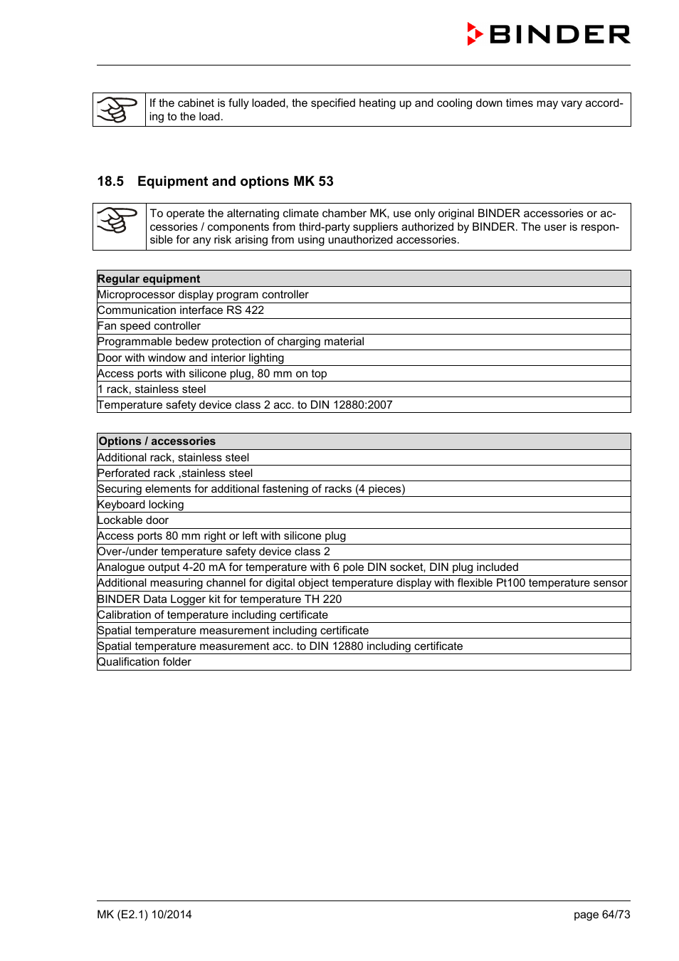 5 equipment and options mk 53 | BINDER MK 53 User Manual | Page 64 / 73