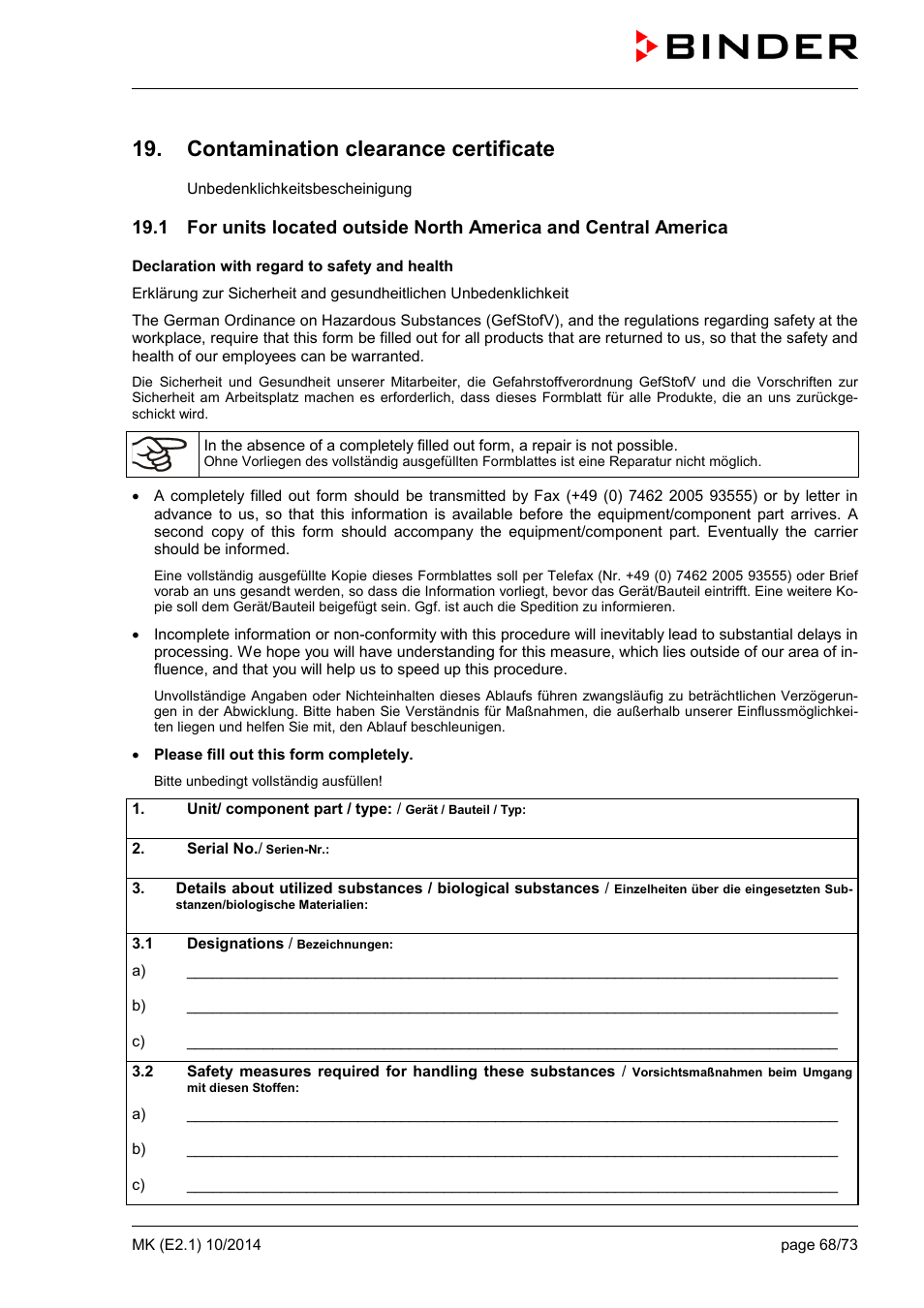 Contamination clearance certificate | BINDER MK 53 User Manual | Page 68 / 73