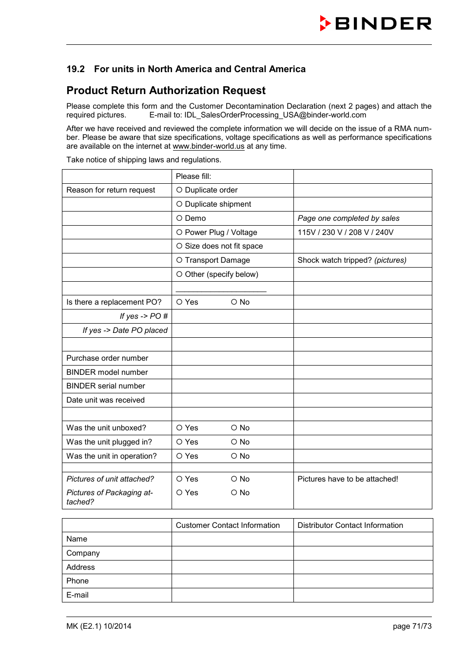 2 for units in north america and central america, Product return authorization request | BINDER MK 53 User Manual | Page 71 / 73