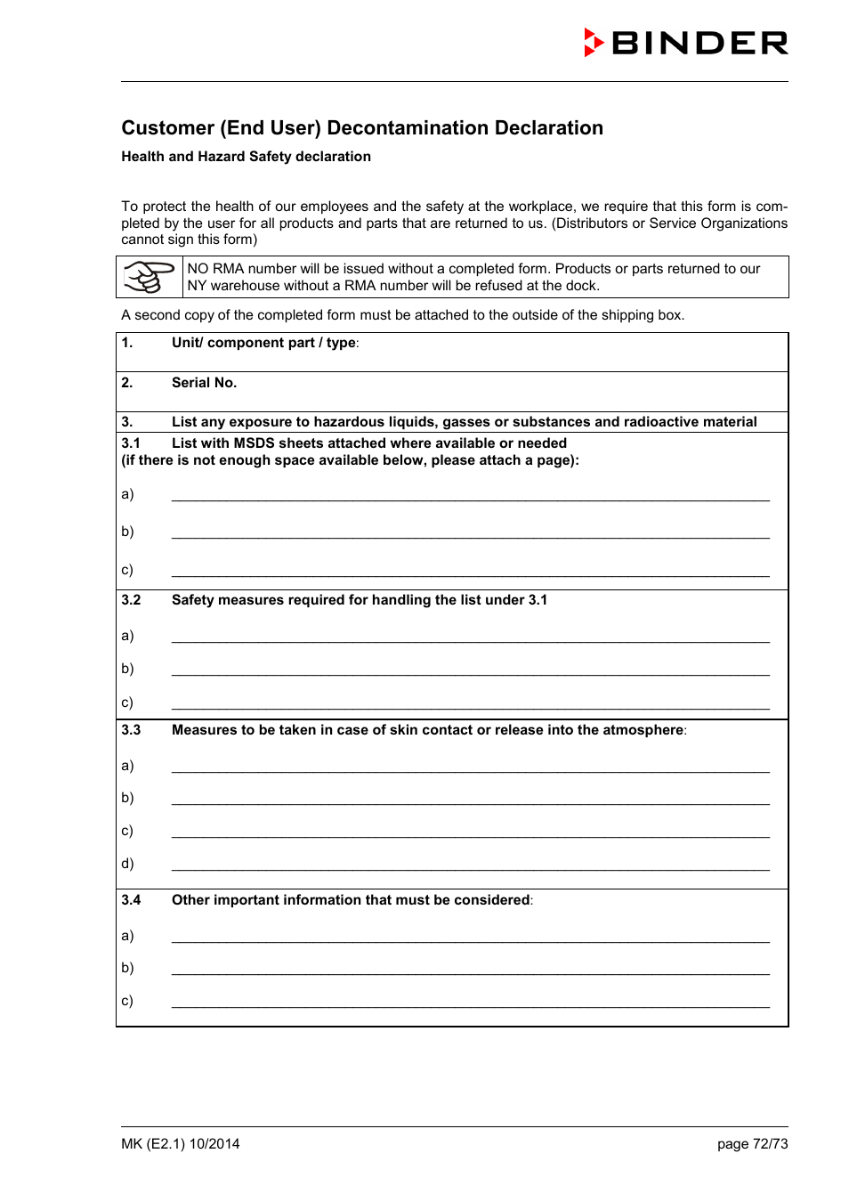 Customer (end user) decontamination declaration | BINDER MK 53 User Manual | Page 72 / 73