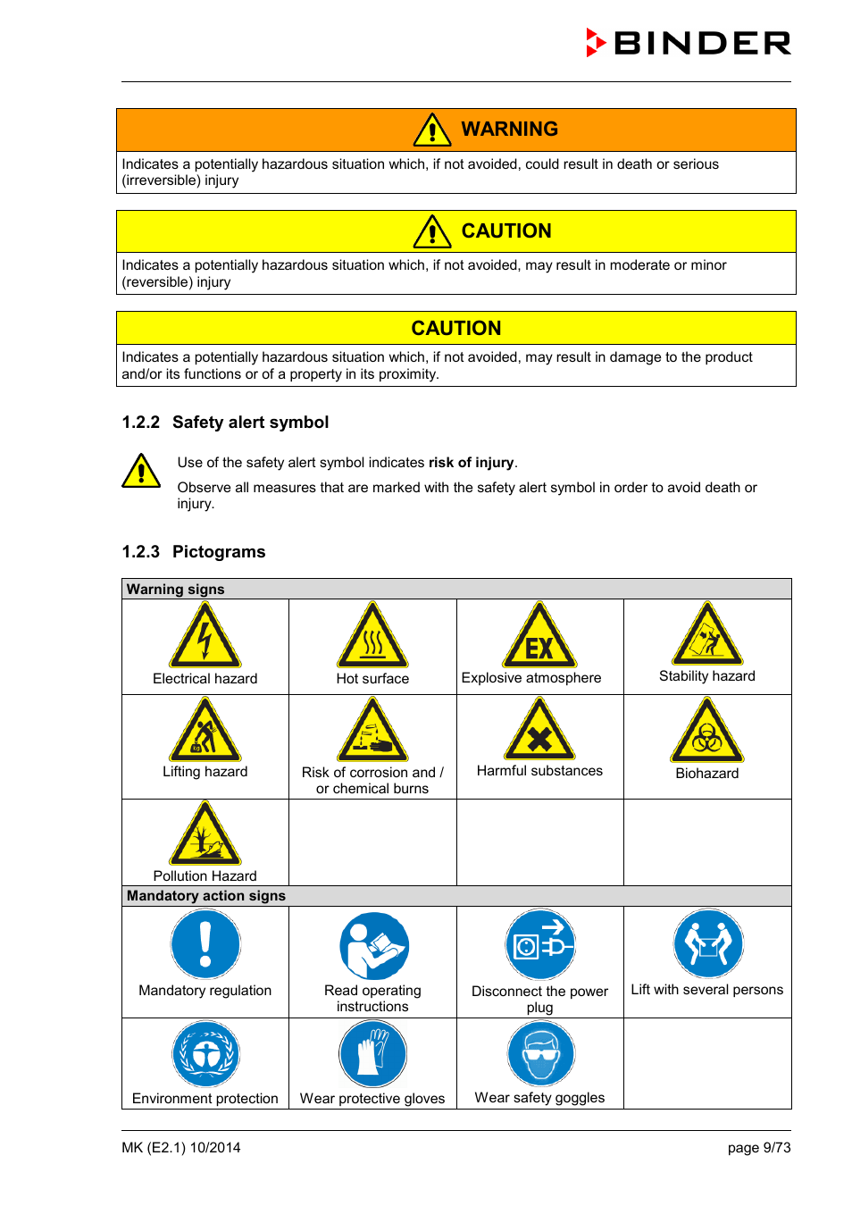 2 safety alert symbol, 3 pictograms, Warning | Caution | BINDER MK 53 User Manual | Page 9 / 73