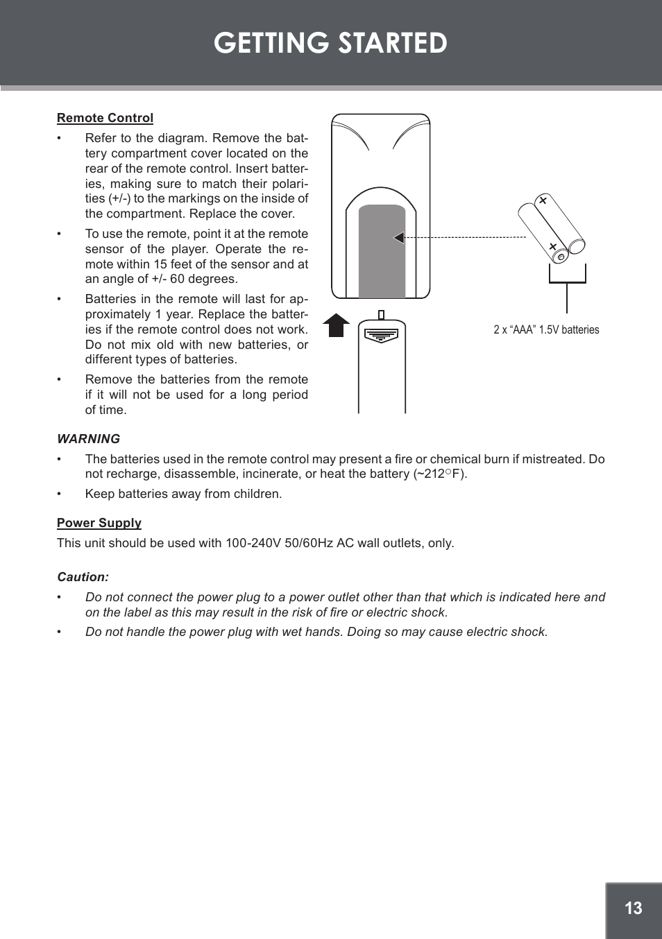 Remote control, Power supply, Getting started | COBY DVD-514 User Manual | Page 13 / 24