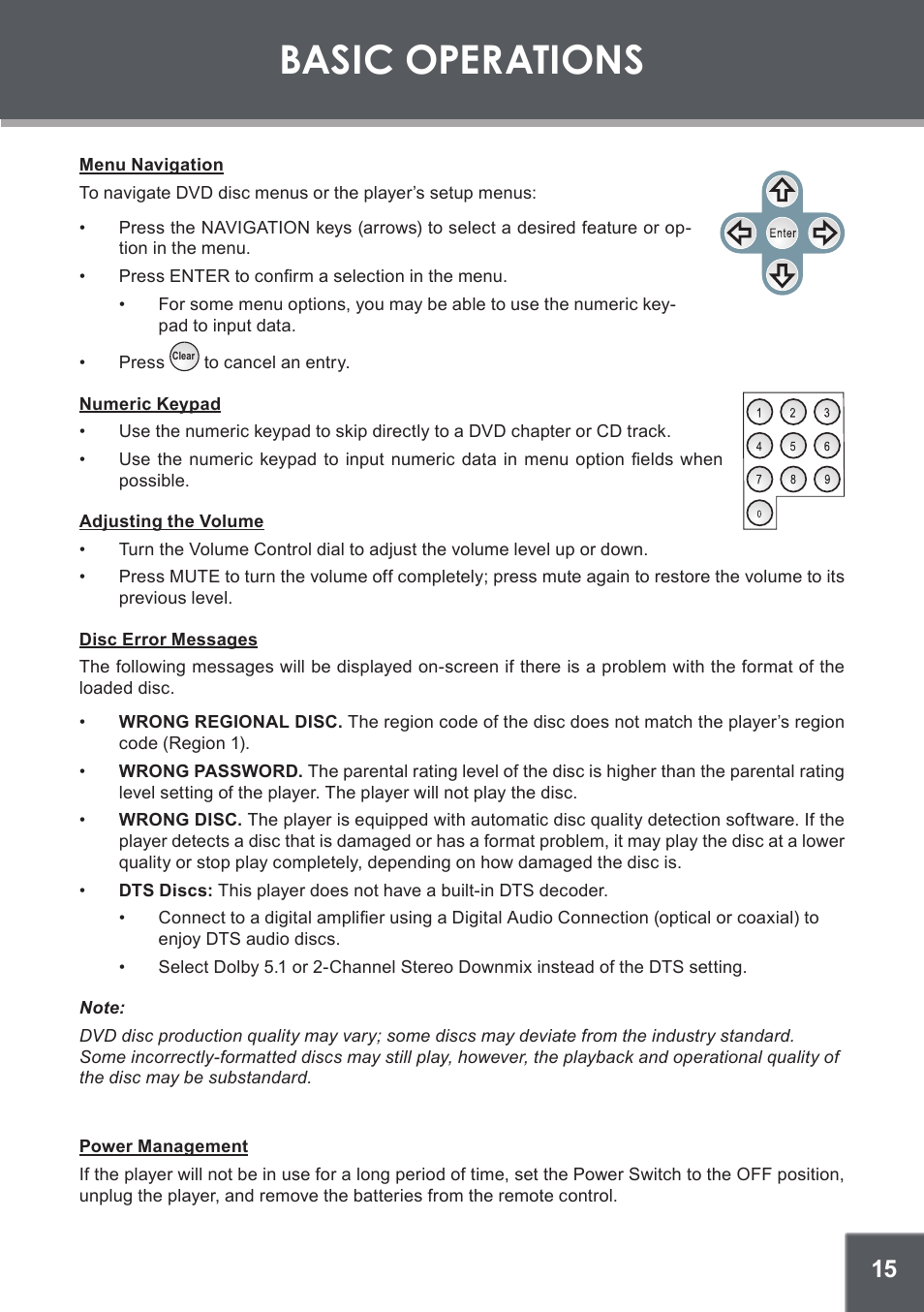 Menu navigation, Numeric keypad, Adjusting the volume | Disc error messages, Power management, Basic operations | COBY DVD-514 User Manual | Page 15 / 24