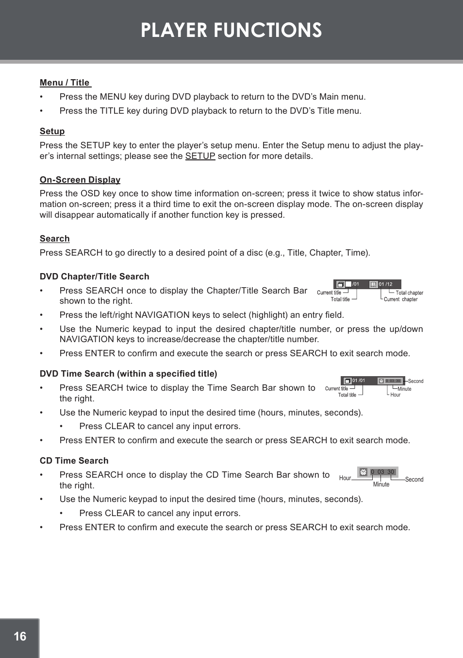 Player functions, Menu / title, Setup | On-screen display, Search, Dvd chapter/title search, Dvd time search (within a specified title), Cd time search, Player.functions | COBY DVD-514 User Manual | Page 16 / 24