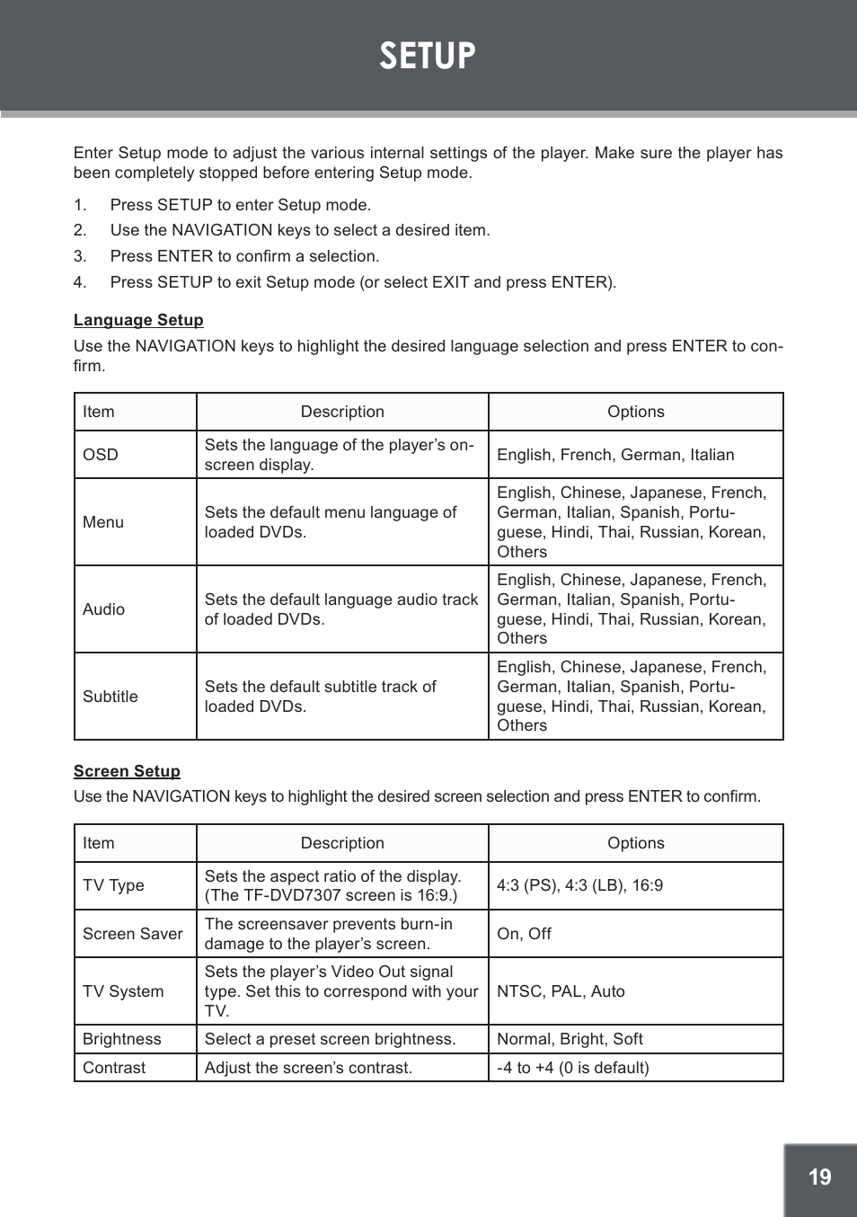 Setup, Language setup, Screen setup | COBY DVD-514 User Manual | Page 19 / 24