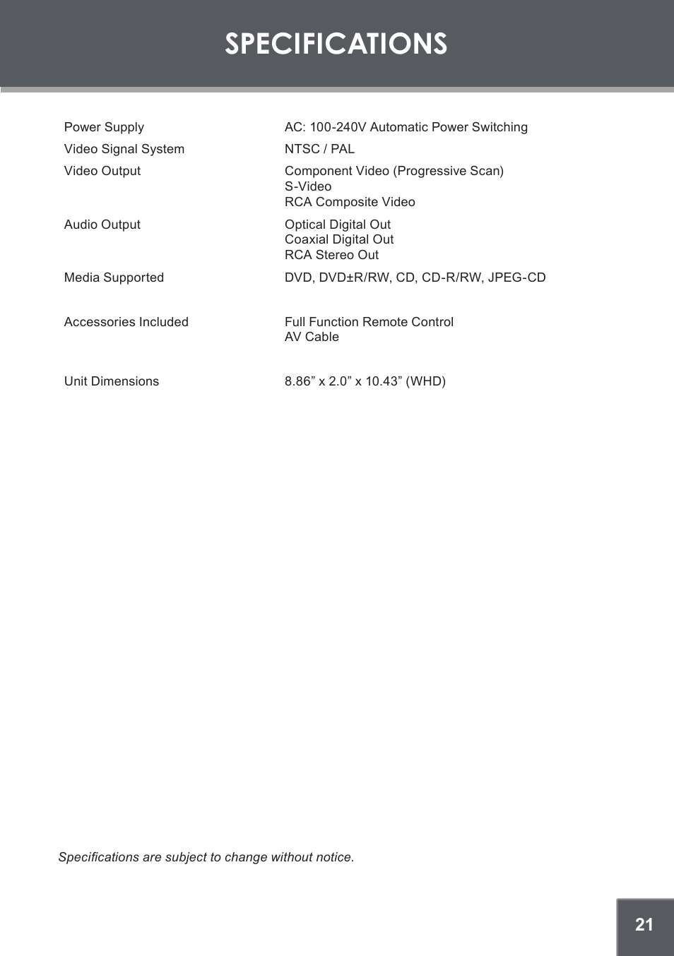 Specifications | COBY DVD-514 User Manual | Page 21 / 24