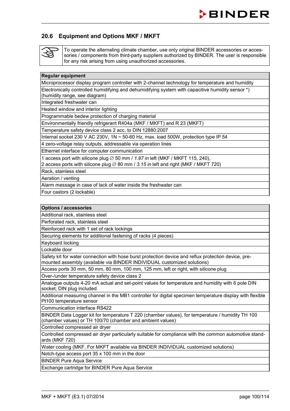 6 equipment and options mkf / mkft | BINDER MK 115 User Manual | Page 100 / 115