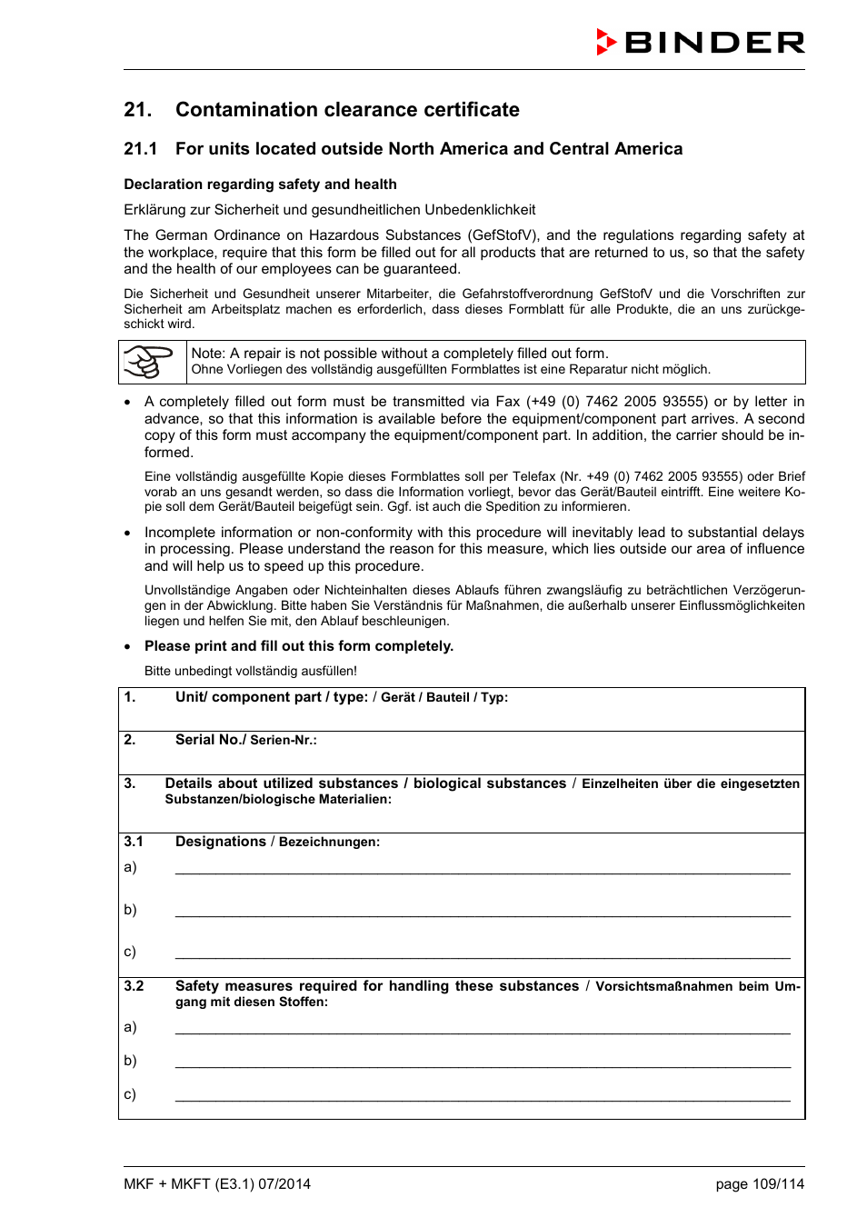 Contamination clearance certificate | BINDER MK 115 User Manual | Page 109 / 115