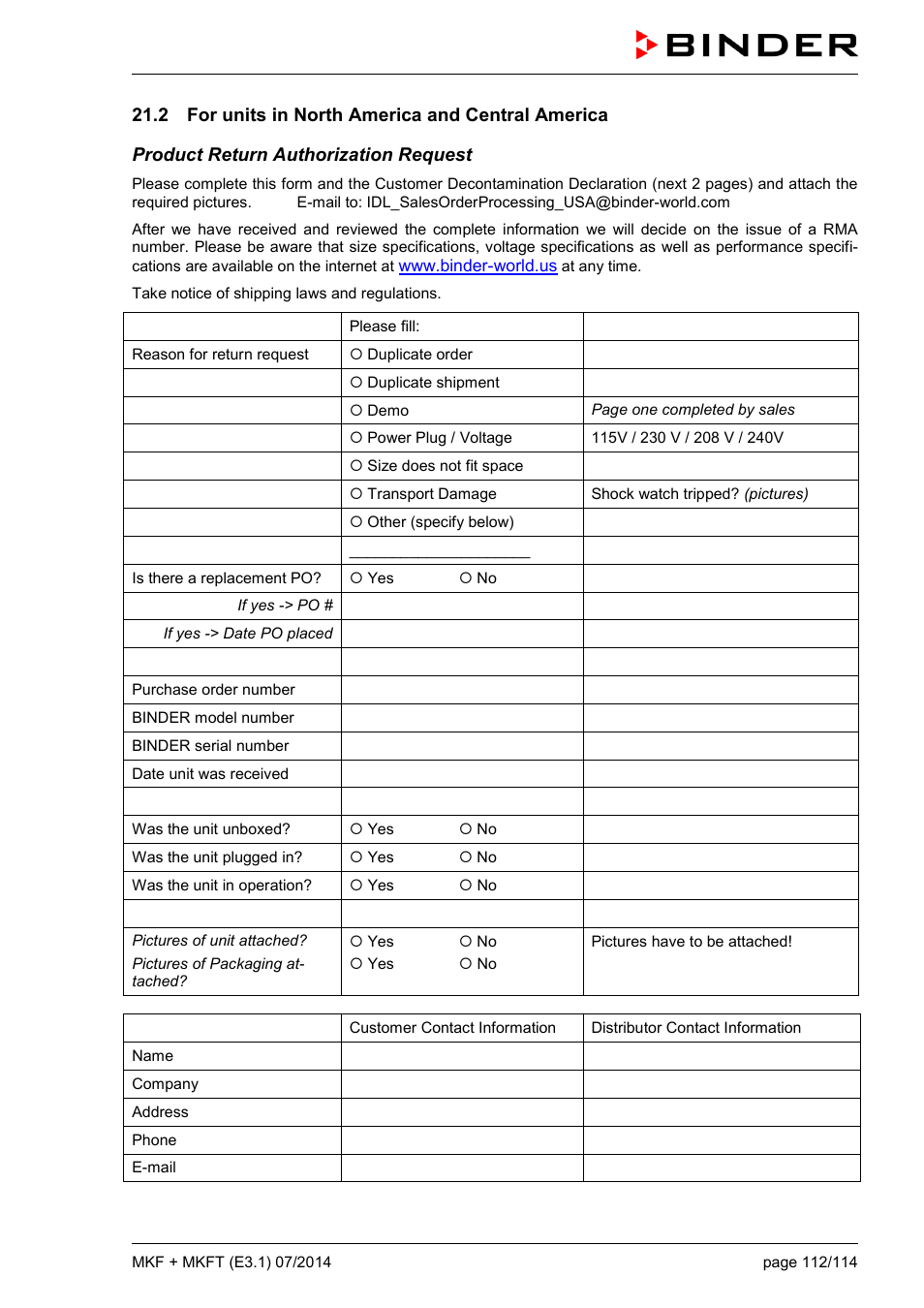 2 for units in north america and central america | BINDER MK 115 User Manual | Page 112 / 115