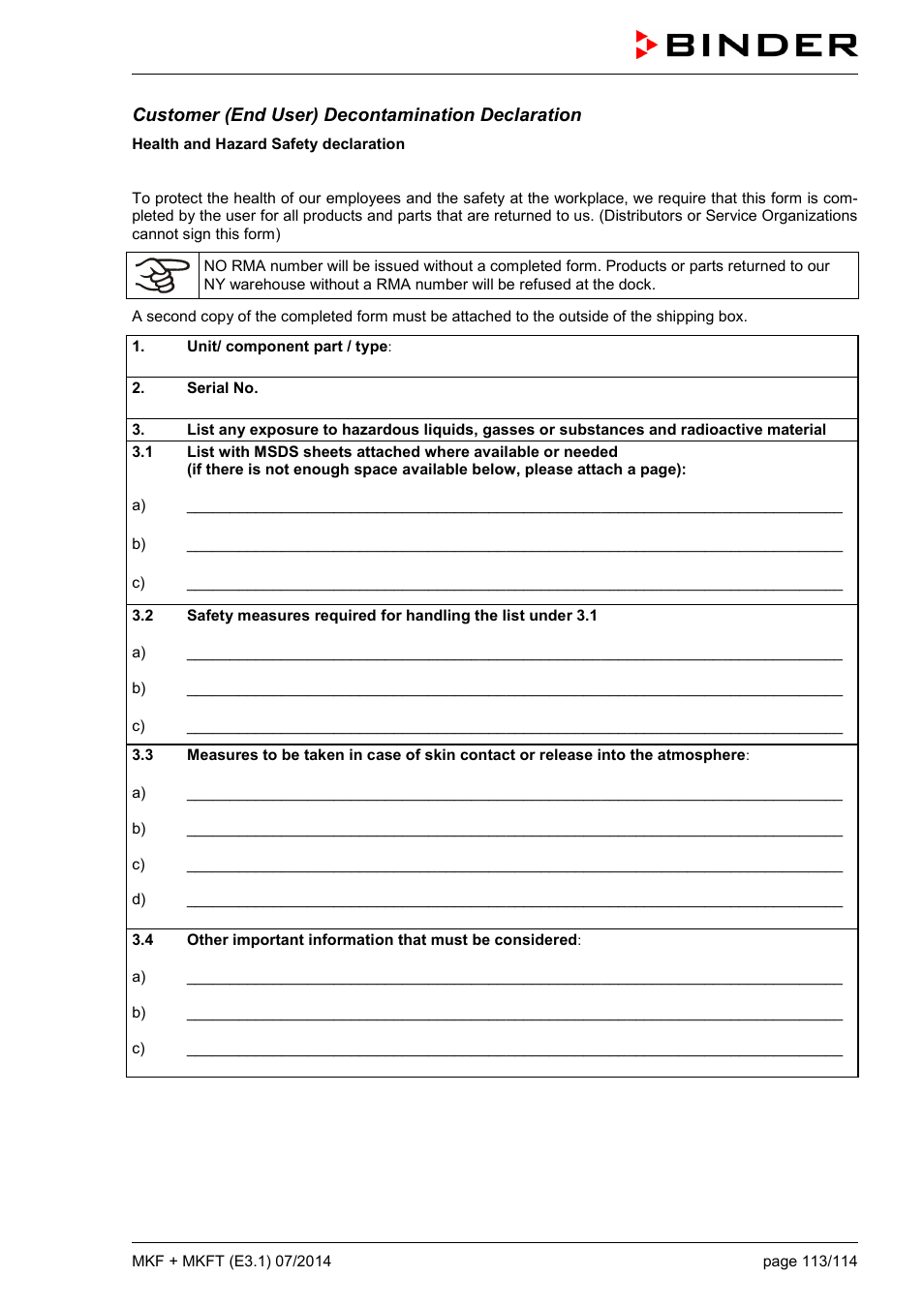 Customer (end user) decontamination declaration | BINDER MK 115 User Manual | Page 113 / 115