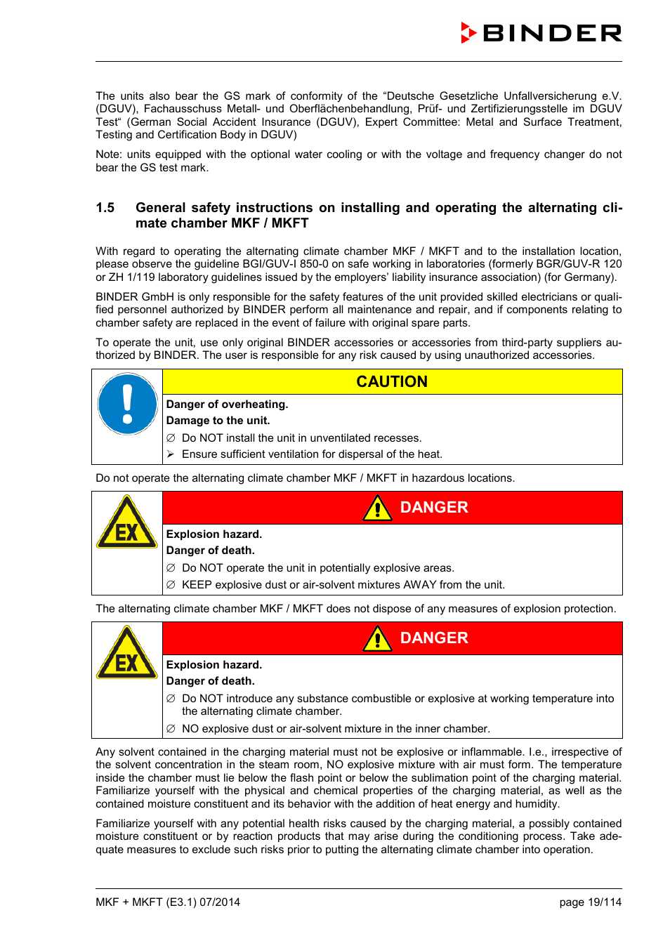 Caution, Danger | BINDER MK 115 User Manual | Page 19 / 115