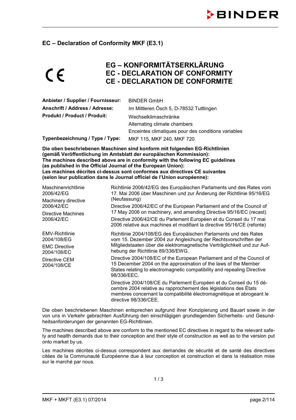 Ec – declaration of conformity mkf (e3.1) | BINDER MK 115 User Manual | Page 2 / 115