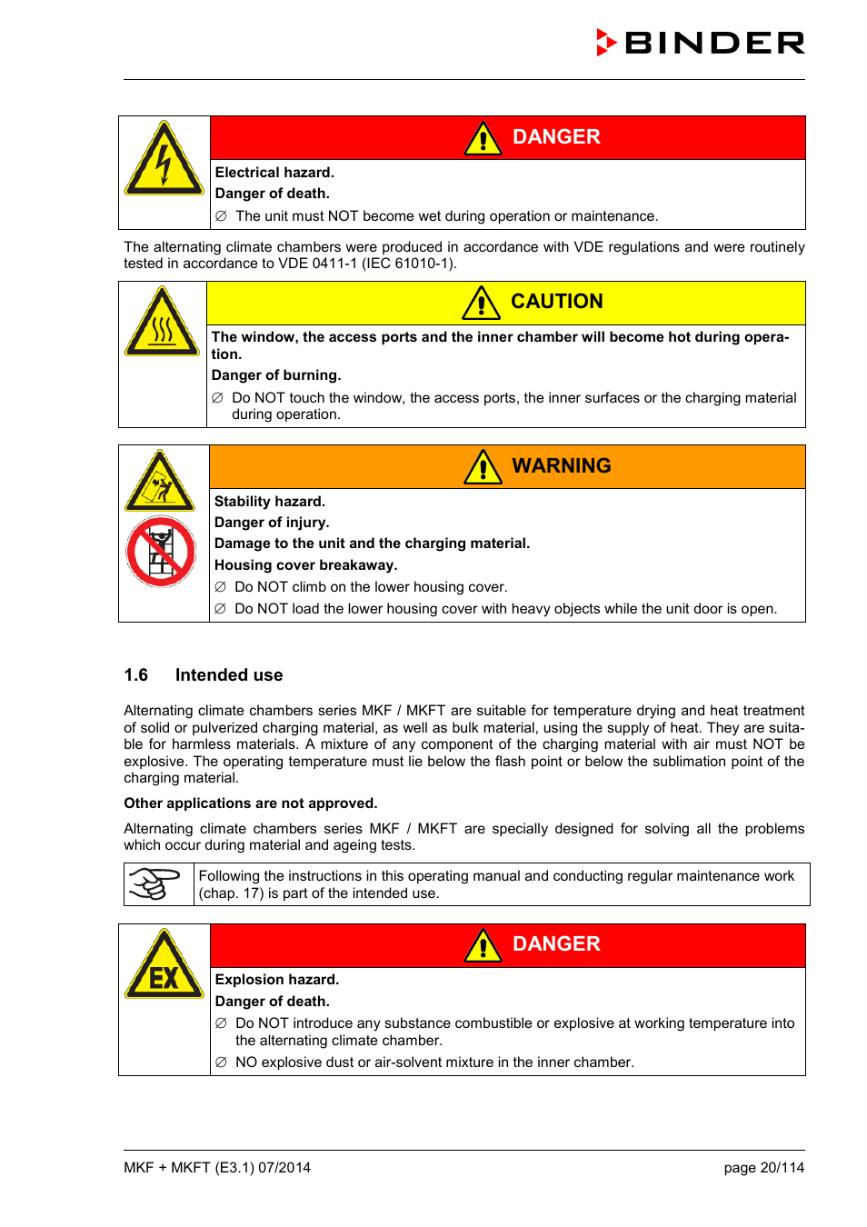 6 intended use, Danger, Caution | Warning | BINDER MK 115 User Manual | Page 20 / 115