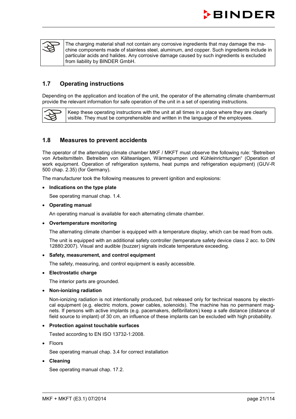 7 operating instructions, 8 measures to prevent accidents | BINDER MK 115 User Manual | Page 21 / 115