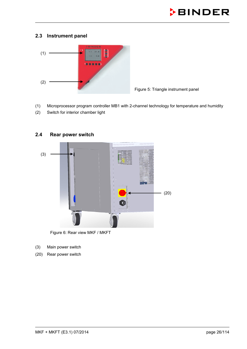 3 instrument panel, 4 rear power switch | BINDER MK 115 User Manual | Page 26 / 115