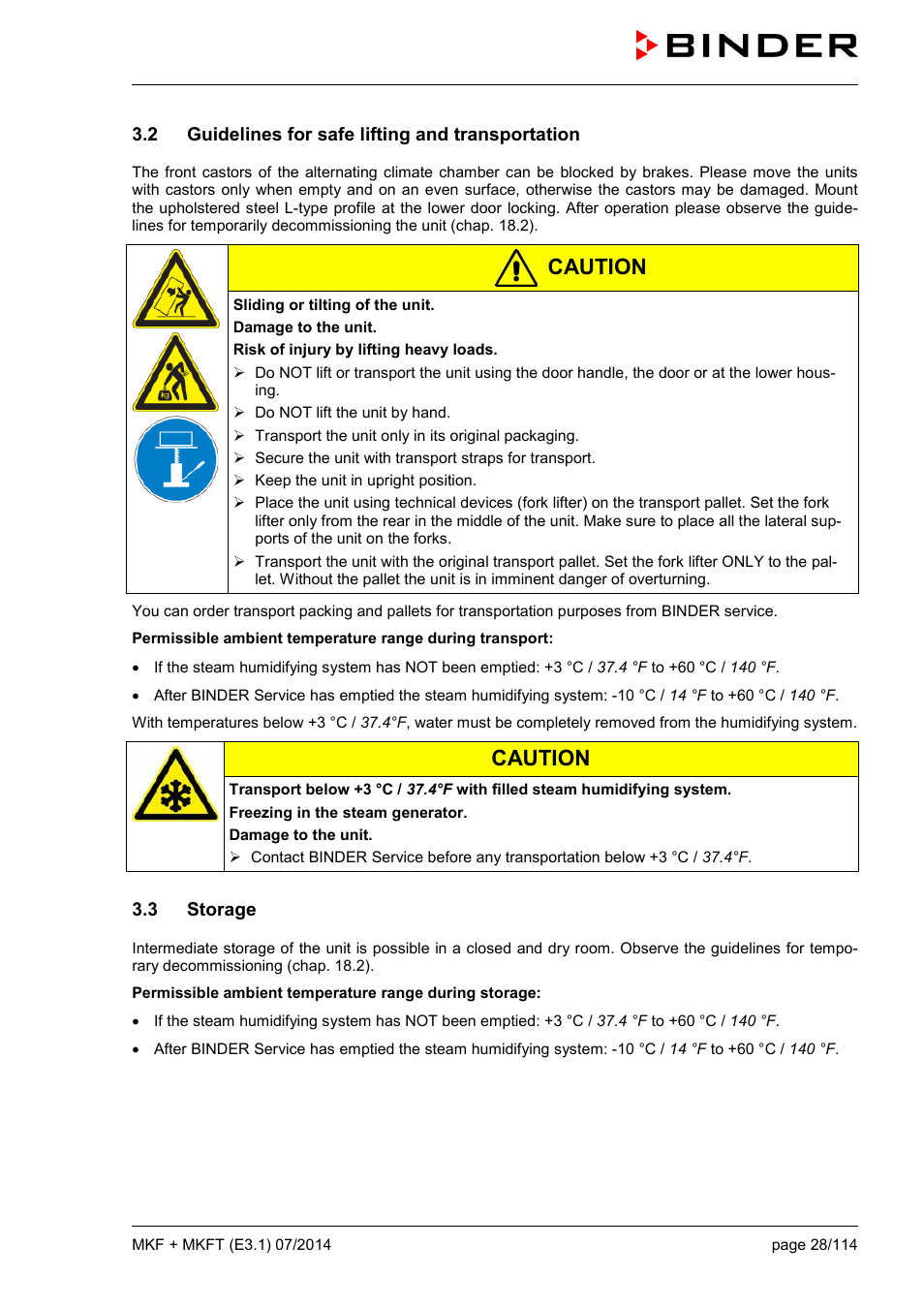 2 guidelines for safe lifting and transportation, 3 storage, Caution | BINDER MK 115 User Manual | Page 28 / 115