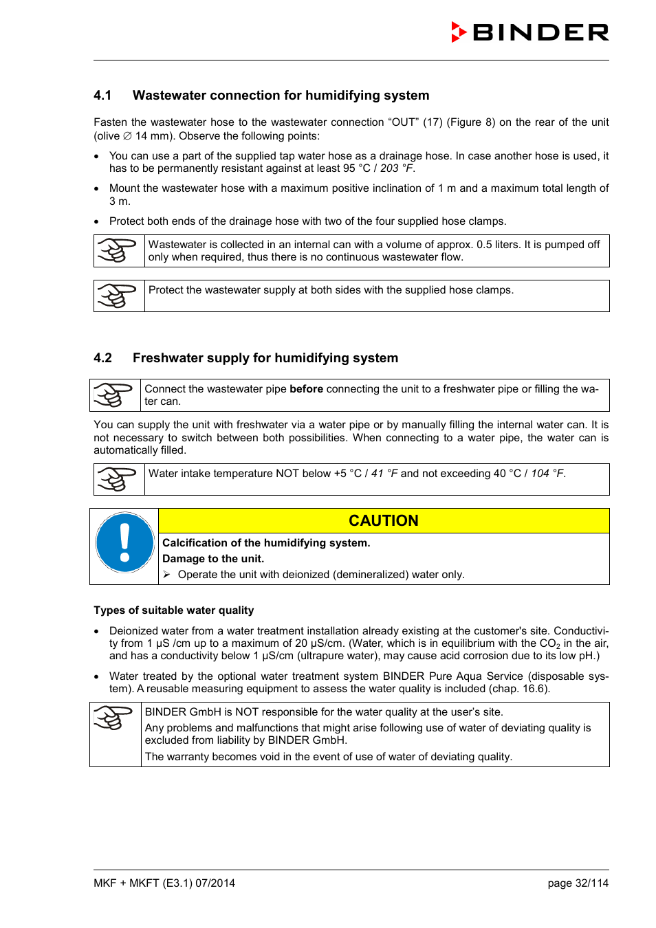 1 wastewater connection for humidifying system, 2 freshwater supply for humidifying system, Caution | BINDER MK 115 User Manual | Page 32 / 115