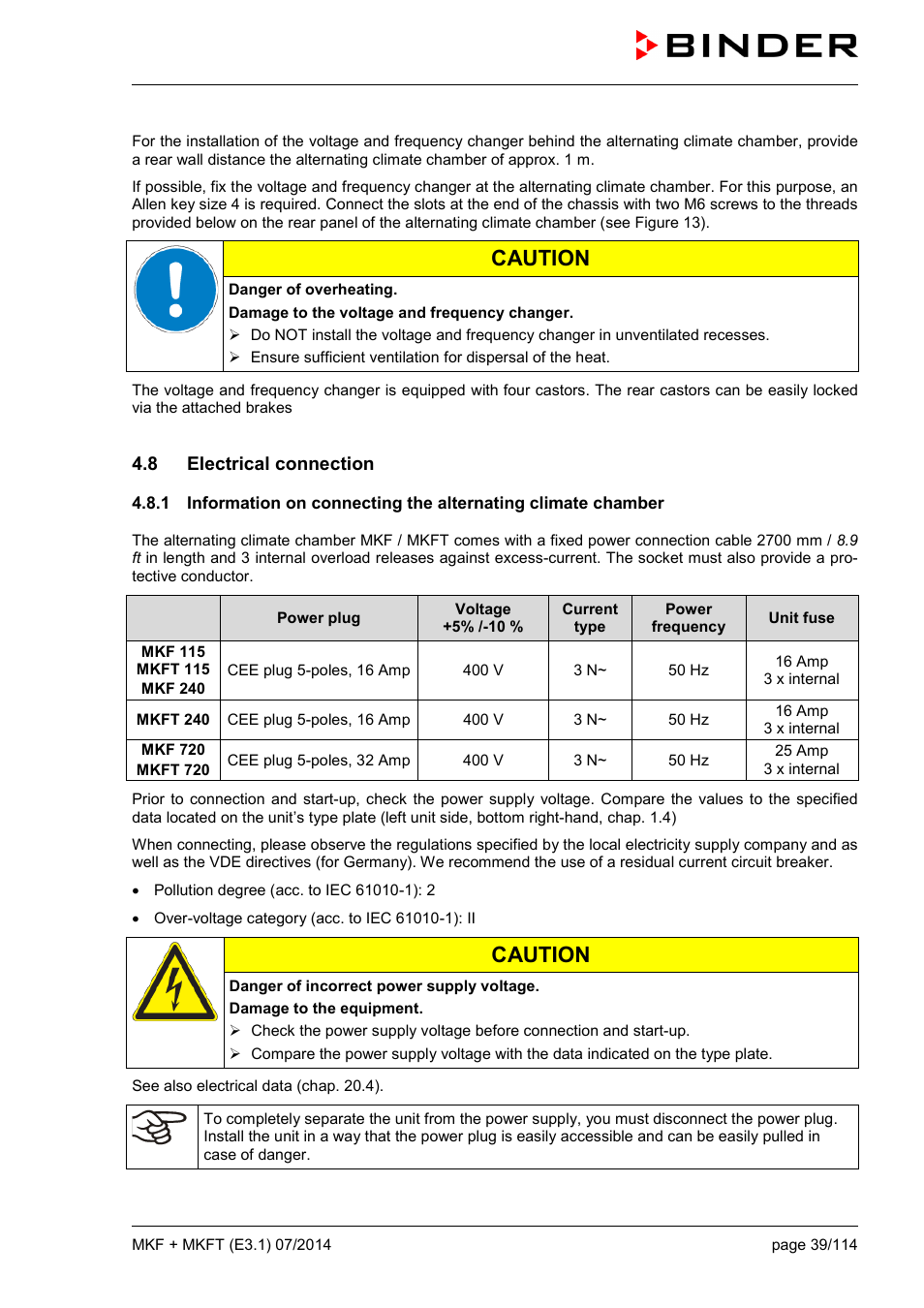8 electrical connection, Caution | BINDER MK 115 User Manual | Page 39 / 115