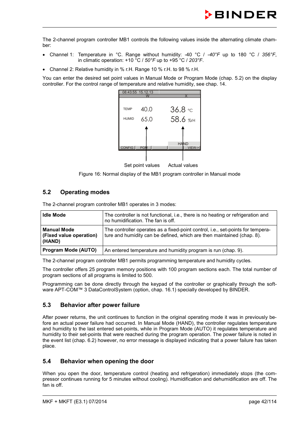 2 operating modes, 3 behavior after power failure, 4 behavior when opening the door | BINDER MK 115 User Manual | Page 42 / 115