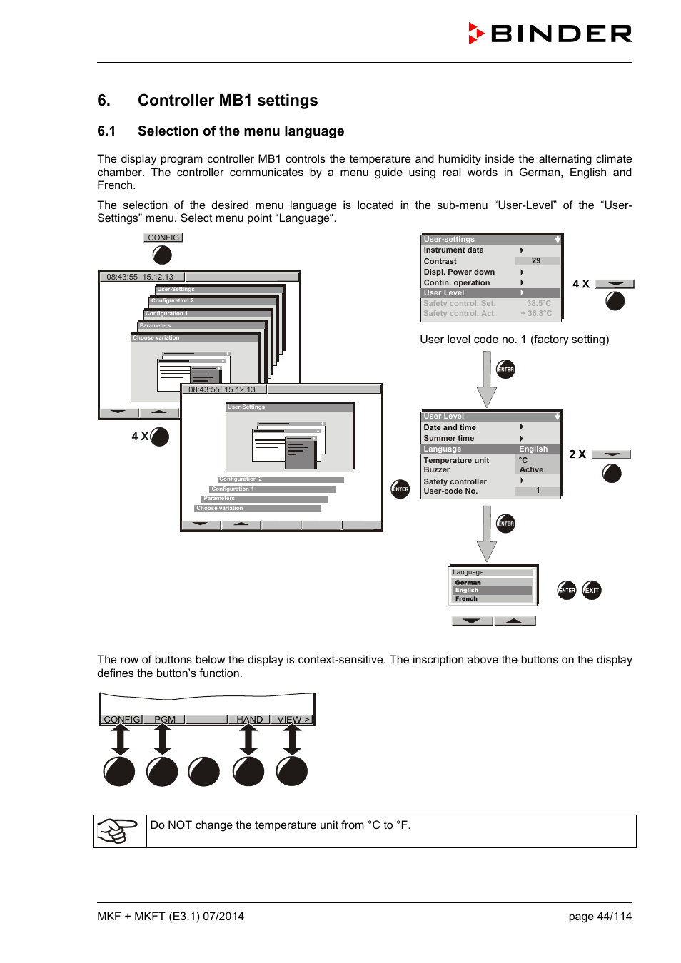 Controller mb1 settings, 1 selection of the menu language | BINDER MK 115 User Manual | Page 44 / 115