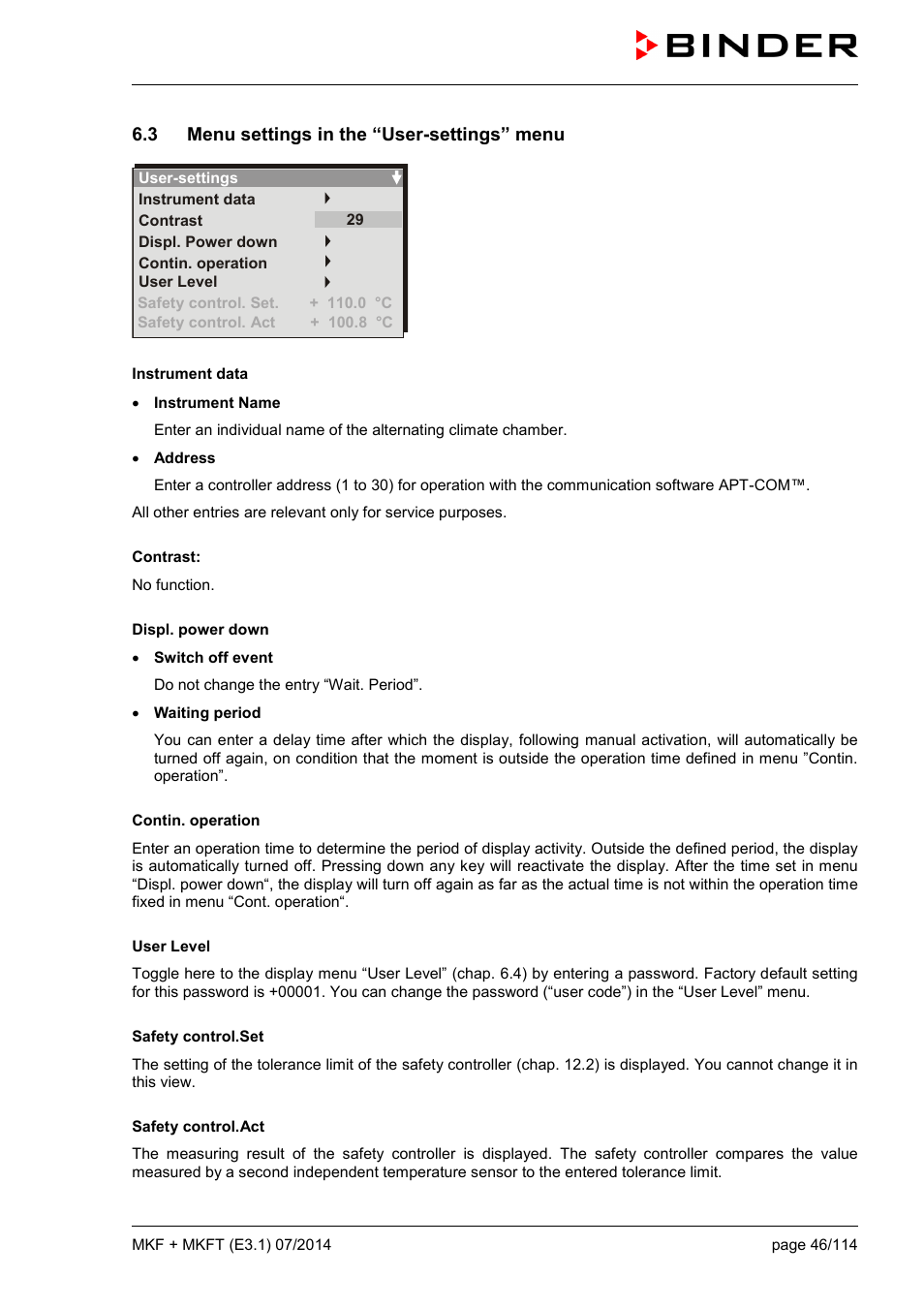 3 menu settings in the “user-settings” menu | BINDER MK 115 User Manual | Page 46 / 115