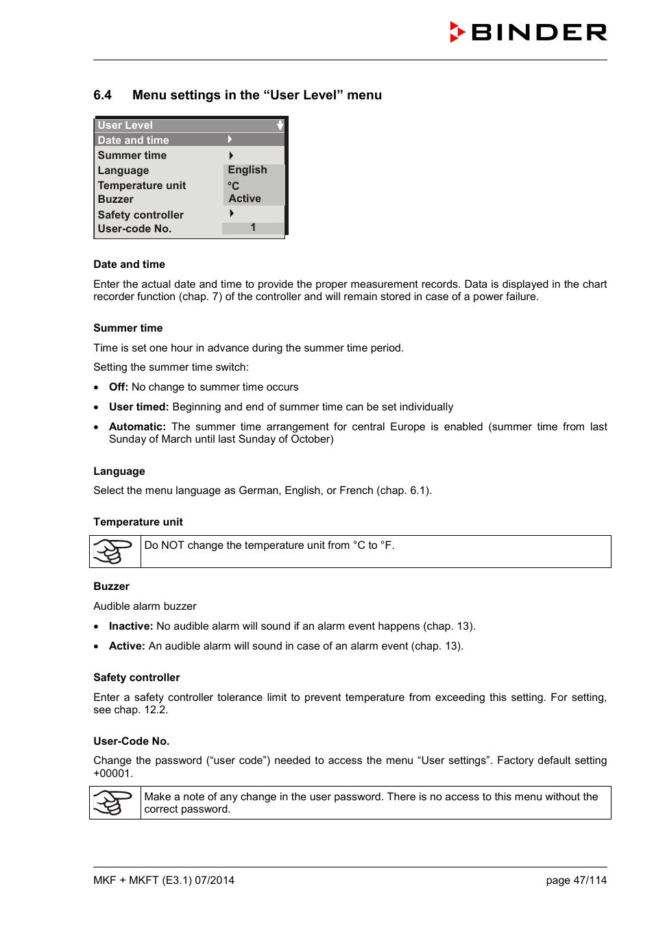 4 menu settings in the “user level” menu | BINDER MK 115 User Manual | Page 47 / 115