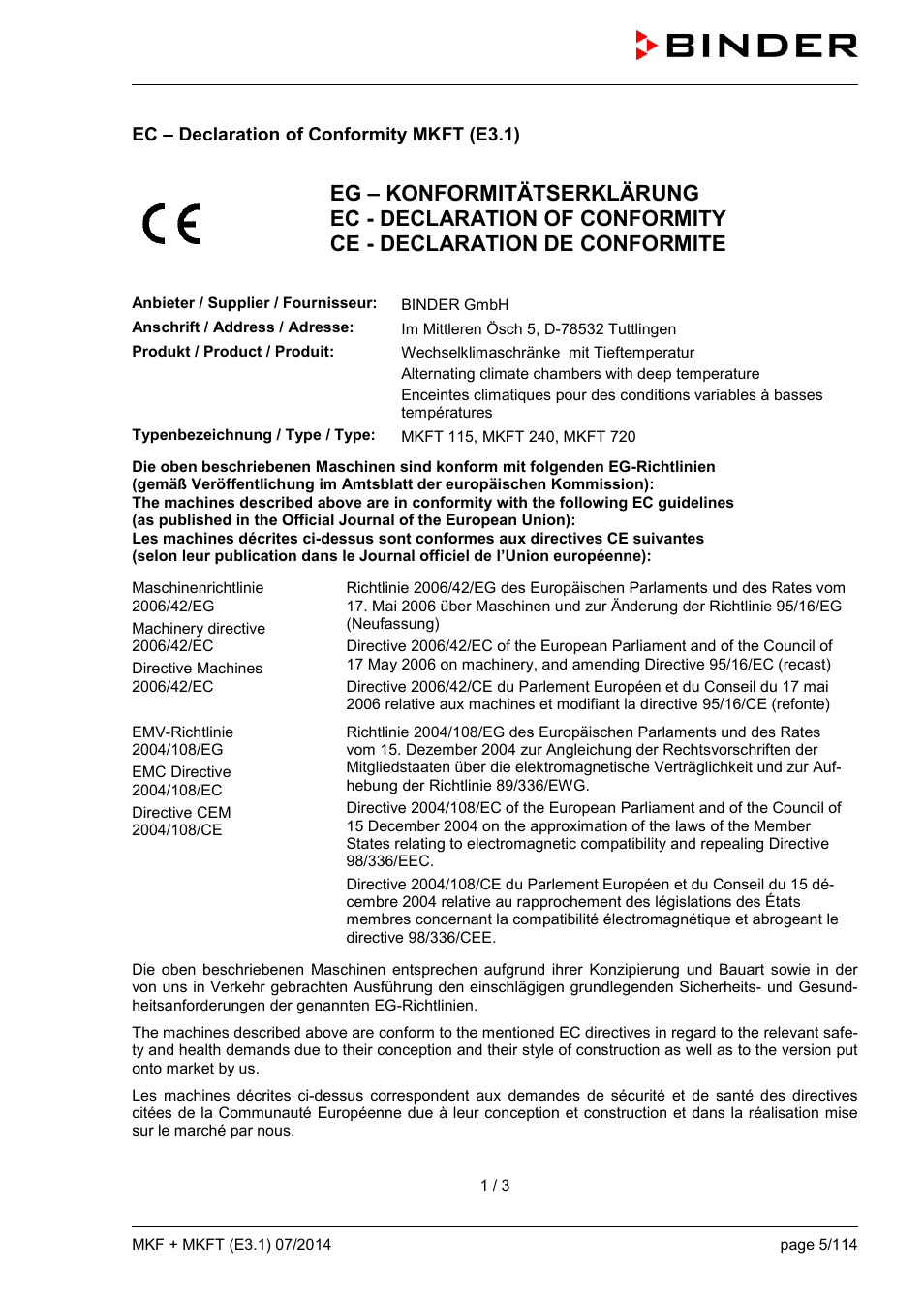 Ec – declaration of conformity mkft (e3.1) | BINDER MK 115 User Manual | Page 5 / 115