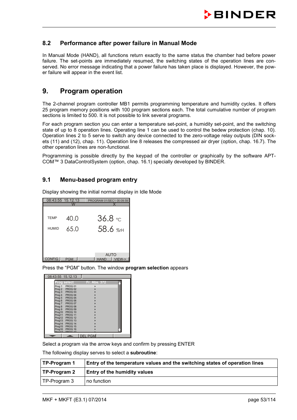 2 performance after power failure in manual mode, Program operation, 1 menu-based program entry | BINDER MK 115 User Manual | Page 53 / 115