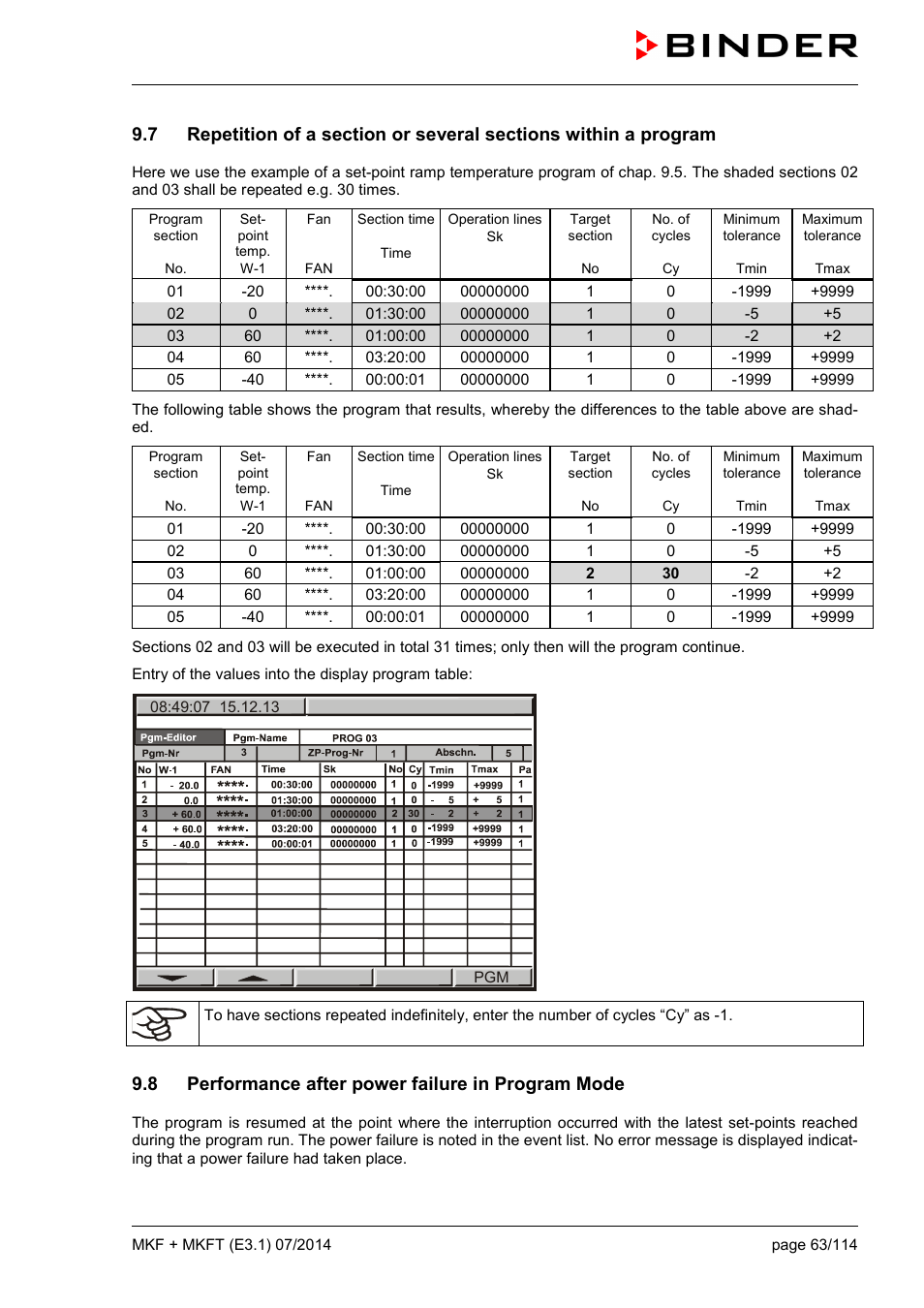 8 performance after power failure in program mode | BINDER MK 115 User Manual | Page 63 / 115