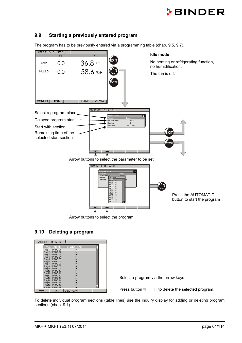 9 starting a previously entered program, 10 deleting a program, Select a program via the arrow keys press button | BINDER MK 115 User Manual | Page 64 / 115