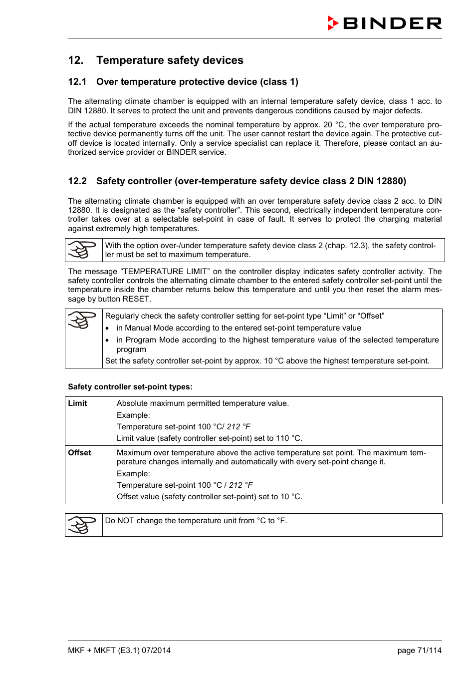 Temperature safety devices, 1 over temperature protective device (class 1) | BINDER MK 115 User Manual | Page 71 / 115