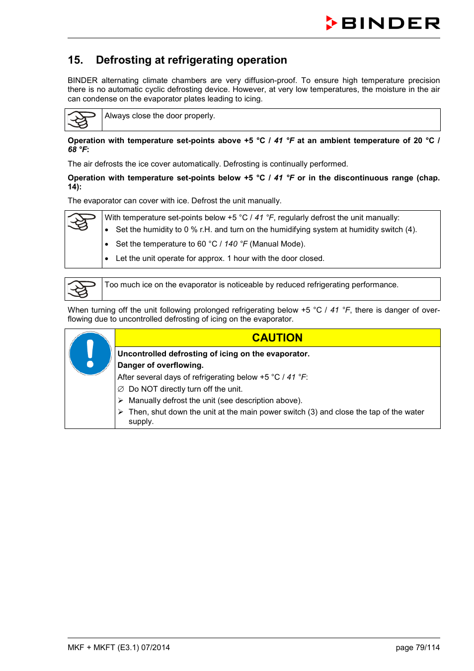 Defrosting at refrigerating operation, Caution | BINDER MK 115 User Manual | Page 79 / 115