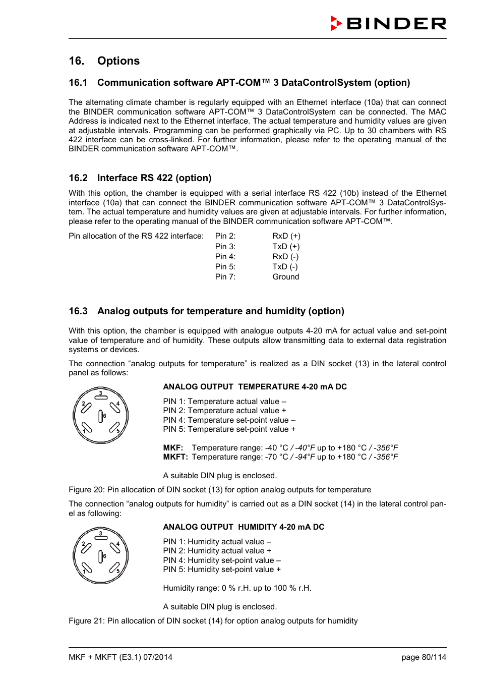 Options, 2 interface rs 422 (option) | BINDER MK 115 User Manual | Page 80 / 115