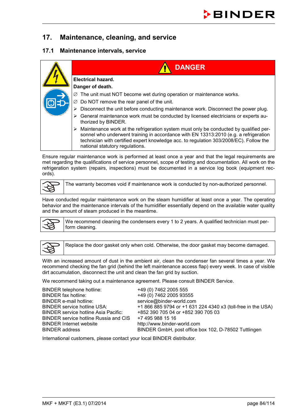 Maintenance, cleaning, and service, 1 maintenance intervals, service, Danger | BINDER MK 115 User Manual | Page 84 / 115