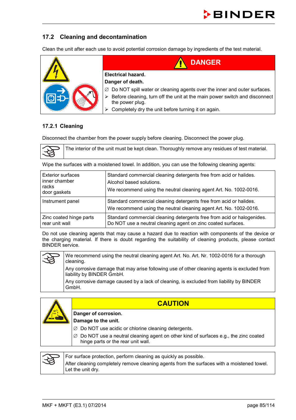 2 cleaning and decontamination, 1 cleaning, Danger | Caution | BINDER MK 115 User Manual | Page 85 / 115