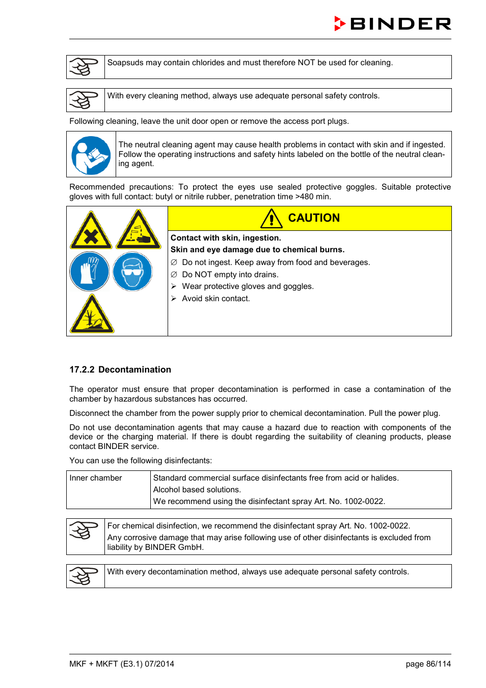 2 decontamination, Caution | BINDER MK 115 User Manual | Page 86 / 115