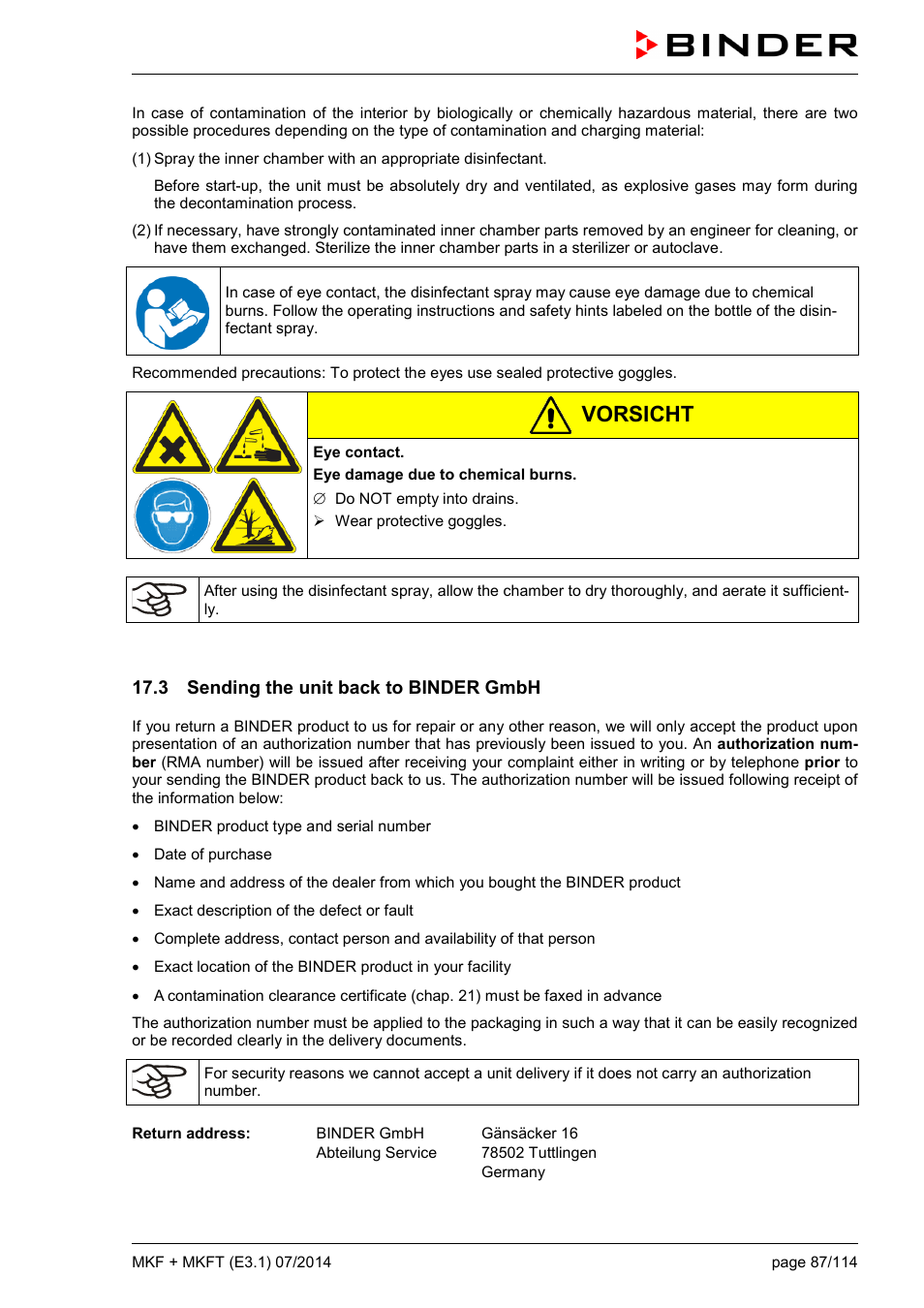 3 sending the unit back to binder gmbh, Vorsicht | BINDER MK 115 User Manual | Page 87 / 115