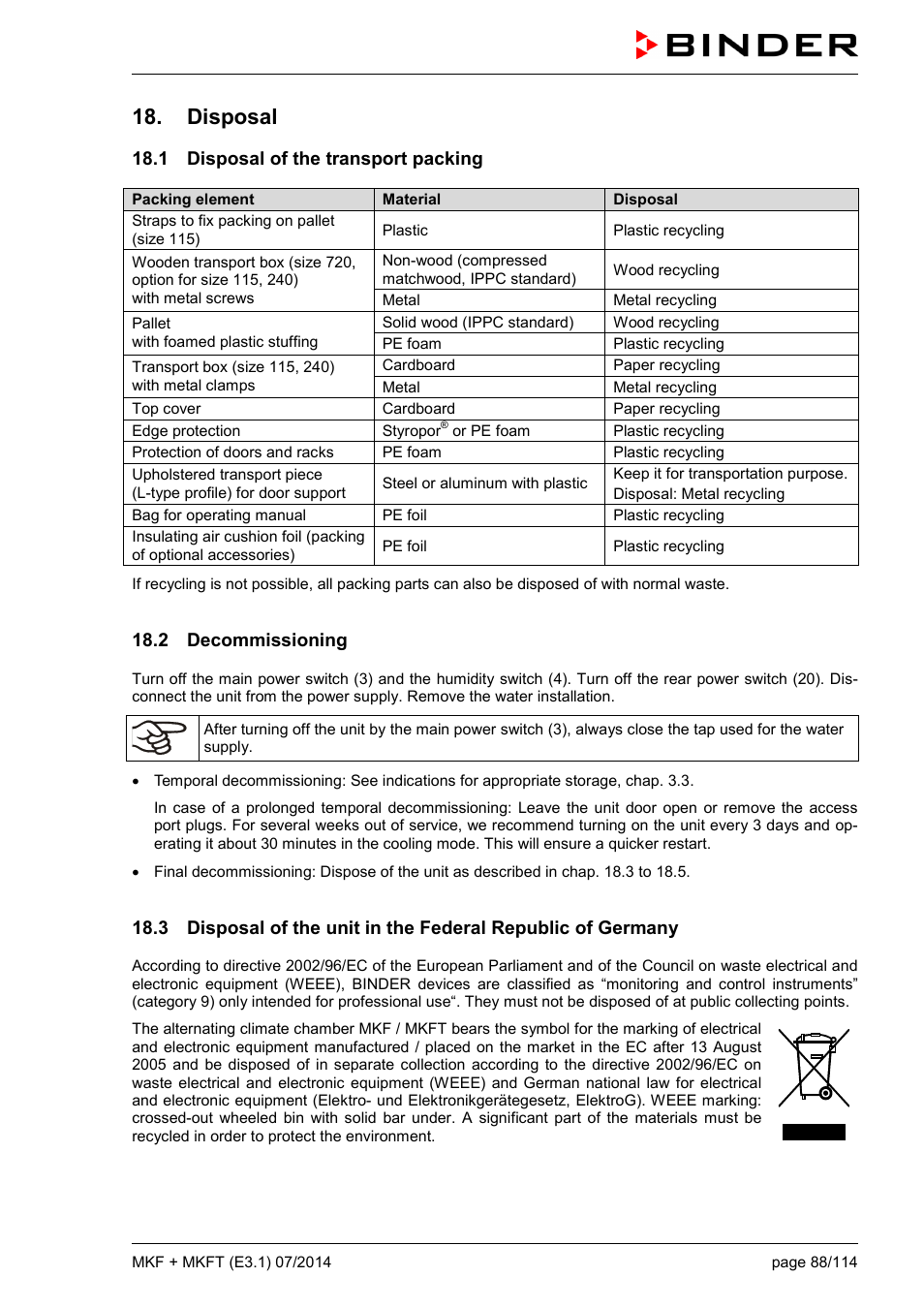 Disposal, 1 disposal of the transport packing, 2 decommissioning | BINDER MK 115 User Manual | Page 88 / 115