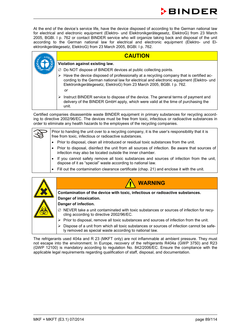 Caution, Warning | BINDER MK 115 User Manual | Page 89 / 115