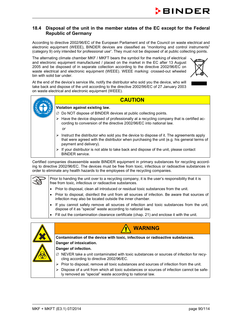 Caution, Warning | BINDER MK 115 User Manual | Page 90 / 115